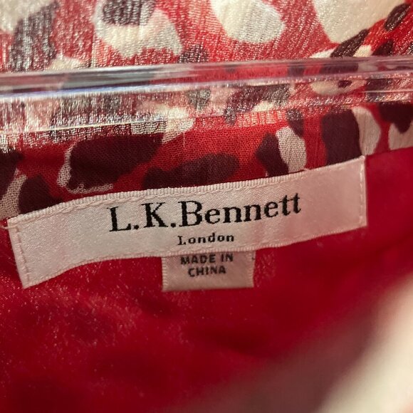 L.K.Bennett Red Burgundy Damiell Animal Print Round Neck Ruffle Hem Dress size 4 - Picture 4 of 14